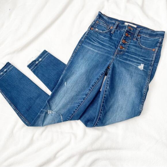 Madewell 10” high rise skinny jeans ripped blue denim size 25 button fly - Picture 1 of 9